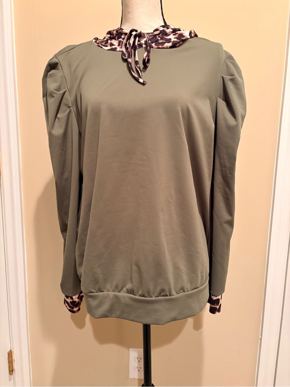 Women's Olive Green Pullover Top with Leopard Trim